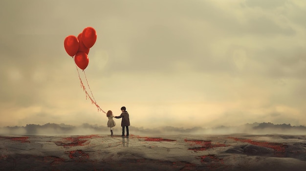 A man and a woman holding balloons in the sky