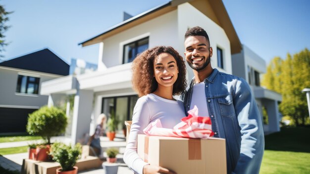 Man and Woman Holding Box in Front of House