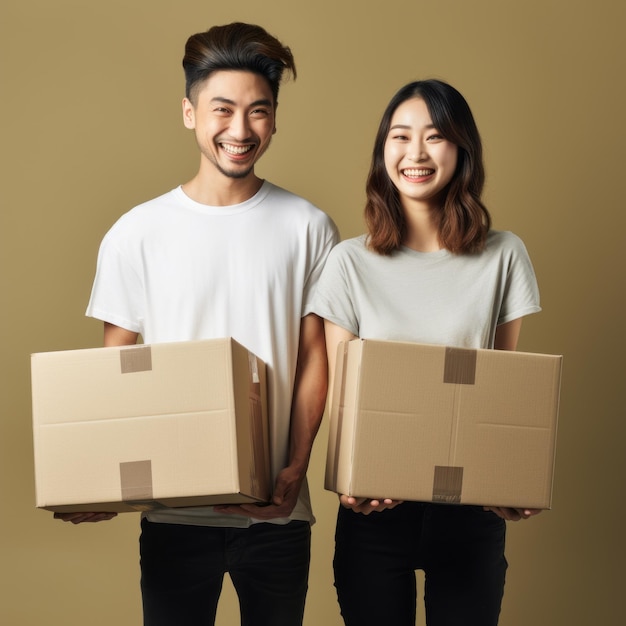 a man and woman holding boxes