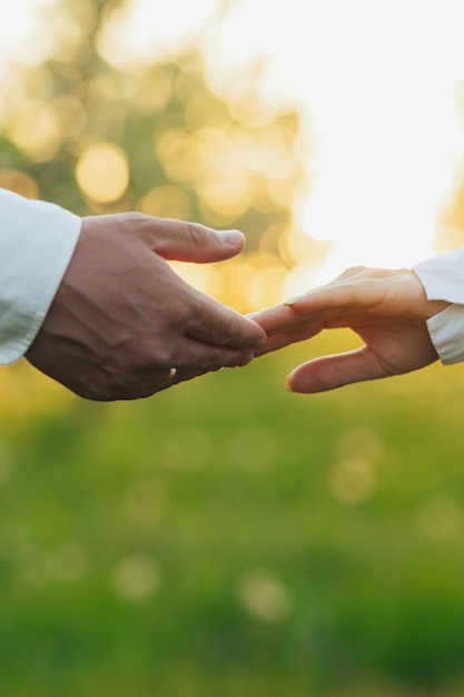 Man and woman holding by hands against the green field