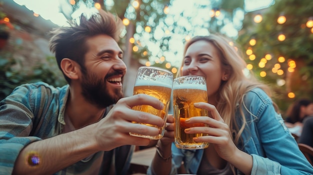 Photo a man and woman holding glasses of beer