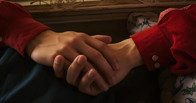 a man and woman holding hands together both touching