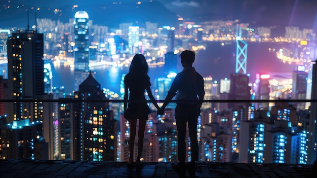 Photo man and woman holding hands on top of building looking at view of city buildings ai generated image