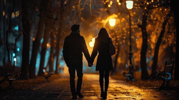 男性と女性が手をつないで夜に公園を歩いているAIが生成した画像