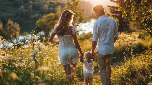 Foto man and woman holding hands walking with child