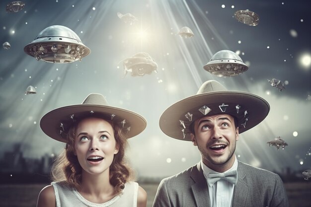 Foto uomo e donna con cappelli metallici emozioni esagerate nave spaziale futuristica ufo nel cielo concetto di teoria della cospirazione