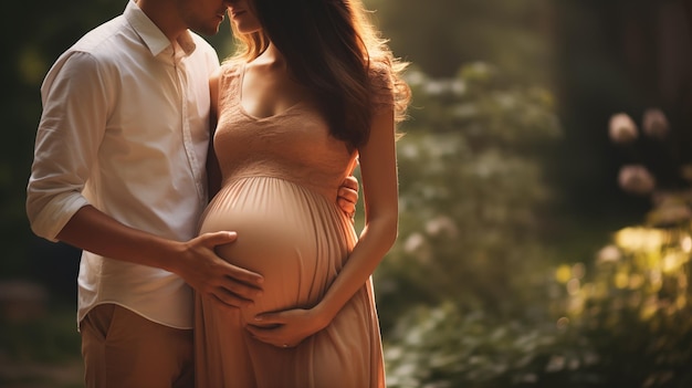 Man and woman holding pregnant bump expecting baby Happy family hands on stomach closeup