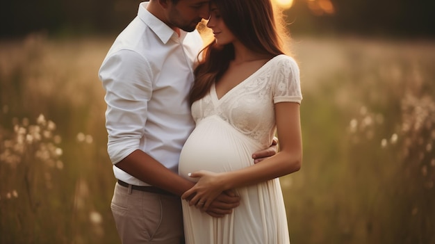 Man and woman holding pregnant bump expecting baby Happy family hands on stomach closeup