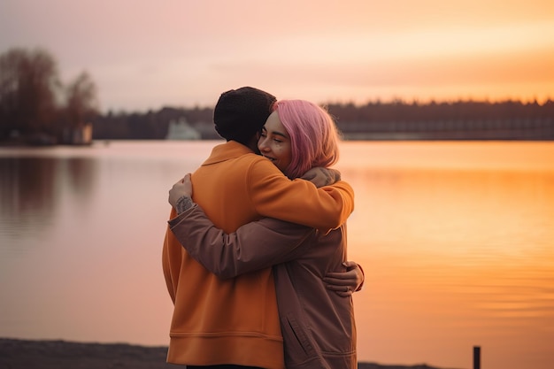 A man and woman hug on a beach in front of a lake