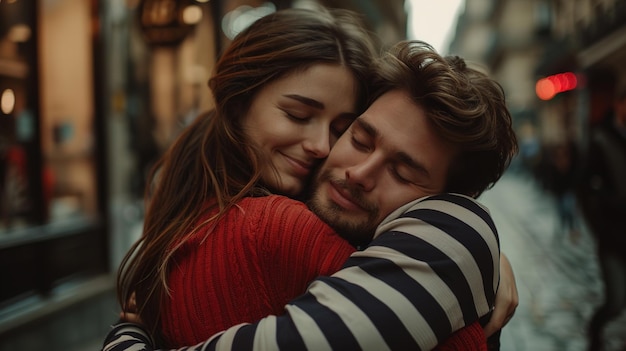 a man and woman hug each other in a photo