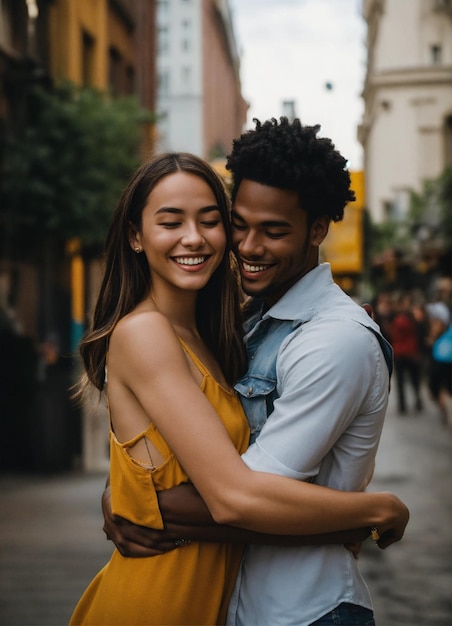 a man and woman hugging each other in the street