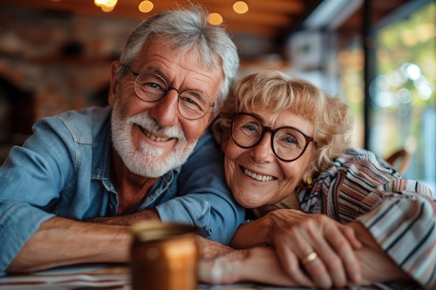 A man and a woman hugging each other at a table