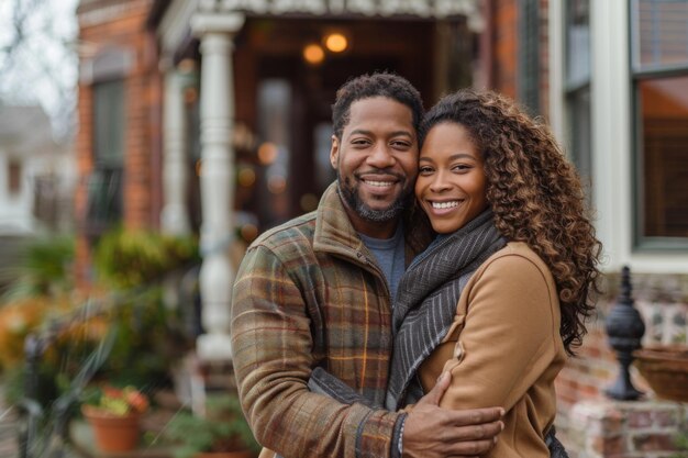 Man and Woman Hugging in Front of House