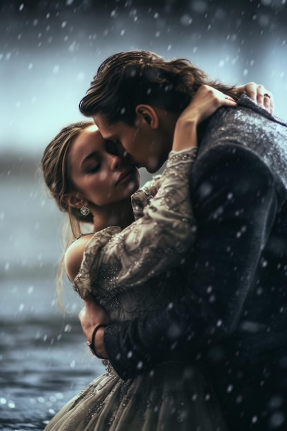 A man and woman hugging in the rain