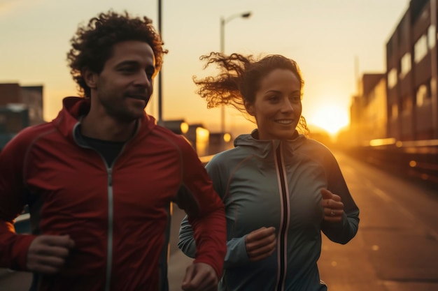 Foto uomo e donna che fanno jogging al tramonto in ambiente urbano