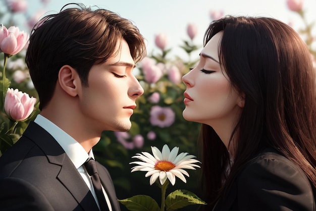 꽃 앞에서 키스하는 남자와 여자