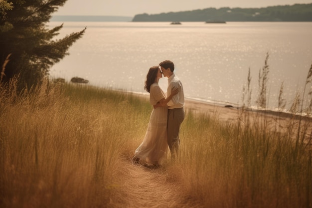 A man and woman kiss on a path by the water.