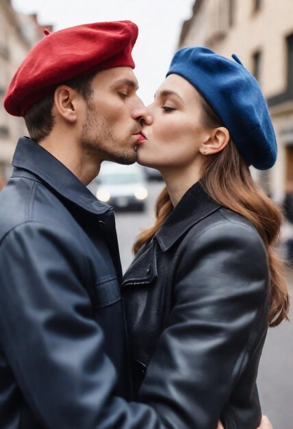 Photo a man and woman kiss on the street