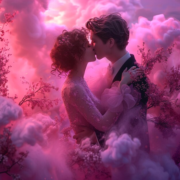 Photo man and woman kissing in the clouds