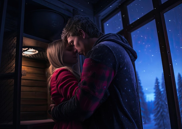 A man and a woman kissing in front of a window