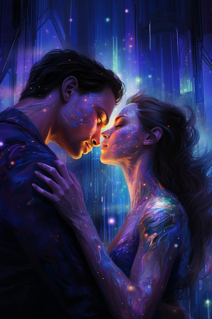 man and a woman kissing in a galaxy