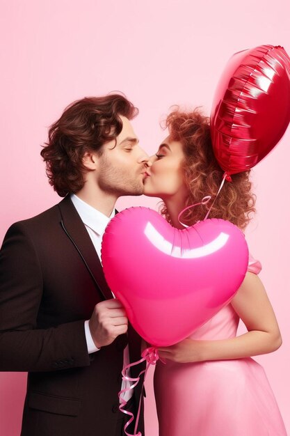 Photo a man and woman kissing with a heart shaped balloon