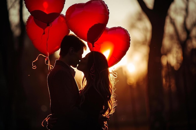 Foto un uomo e una donna che si baciano con palloncini a cuore rosso