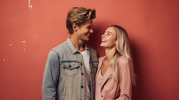 A man and a woman laughing together in front of a red wall.