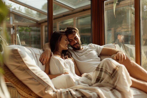 Photo a man and a woman laying comfortably on a couch ideal for lifestyle and relaxation concepts