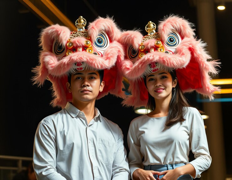 Photo man and woman in lion dance heads with silver and gold patterns