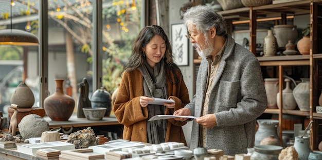 Man and woman look at piece of pottery in shop