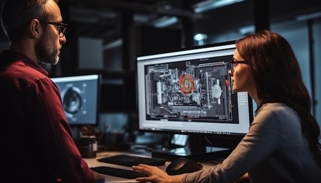 Photo a man and a woman looking at a computer screen