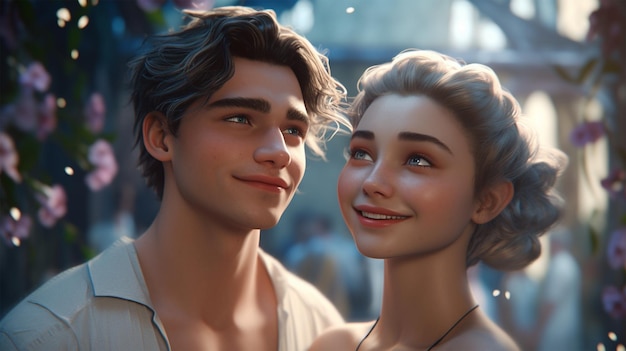 Мужчина и женщина смотрят друг на друга в сцене из новой истории любви в игре.
