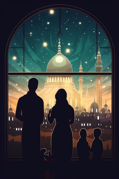 a man and woman looking out a window at a mosque