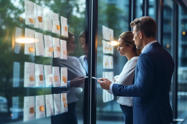 a man and woman looking at a poster that saysbusinesson it