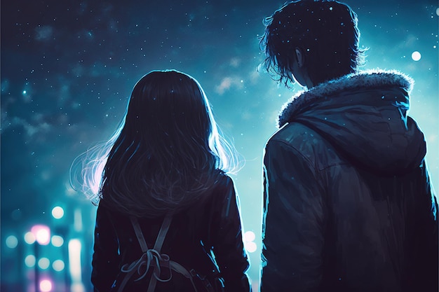 A man and a woman in love against the background of the night sky Young couple boy and girl look at mysterious light in the night sky Digital art style illustration painting