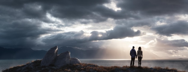 Man and Woman love couple standing on the Rocky Ocean Coast