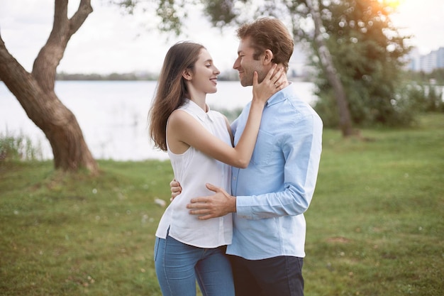 Man and a woman in love tenderly looking at each other