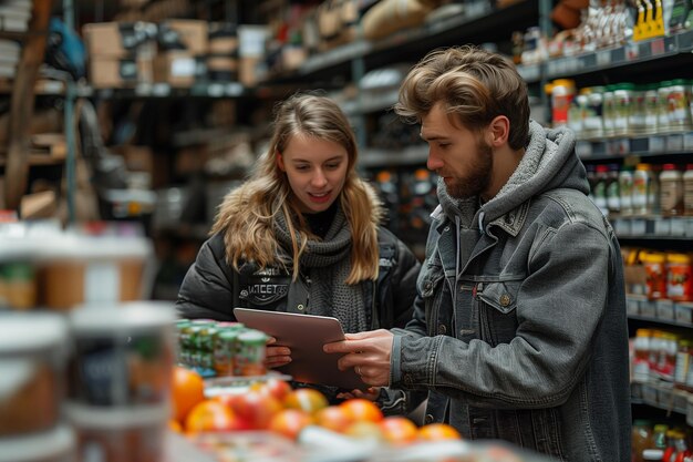 Foto uomo e donna monitorano lo schermo del portatile in un magazzino di cibo affollato