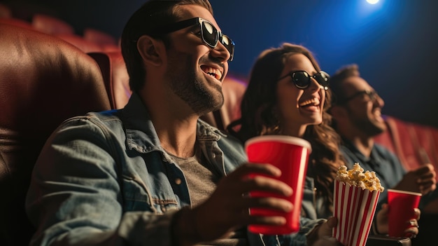 Мужчина и женщина в кинотеатре, оба в 3D-очках, смеются и наслаждаются собой с ведрами попкорна и красной чашкой в руке.
