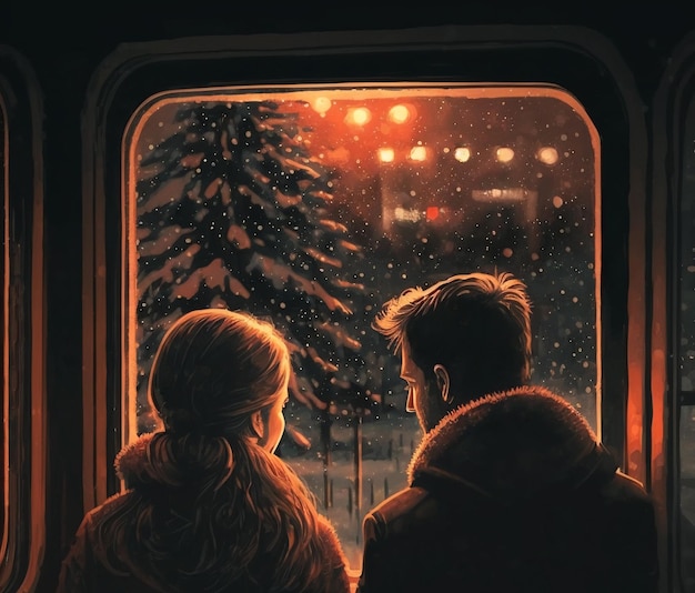 A man and a woman observe a night winter landscape from a train window