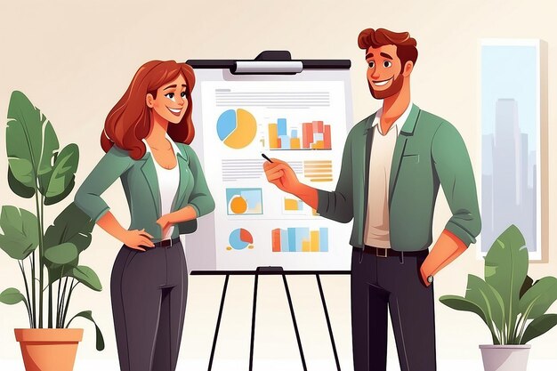 Photo man and woman office workers making report on flip chart vector illustration of cartoon character coworkers at presentation