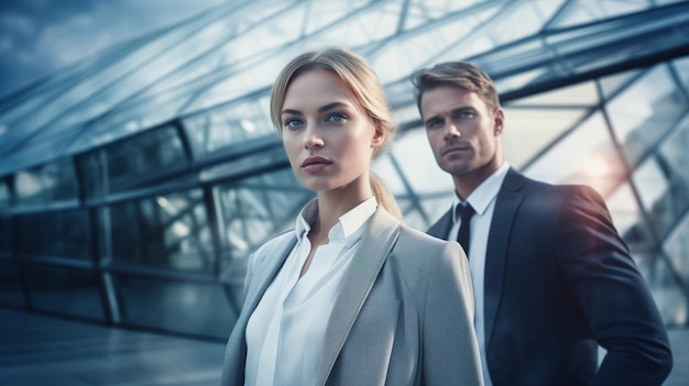 Man and woman office workers in suits stand against background of modern office building Business managers leaders real estate sales