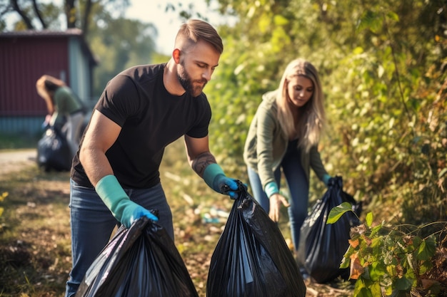 Man and woman pick up trash on street care about nature and environment. Couple volunteers or activist clean outdoors from garbage. Environmental conservation.