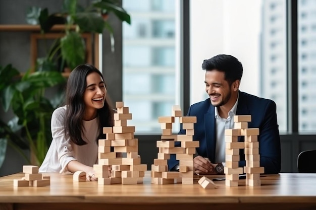 Photo a man and woman play a game of wooden blocks