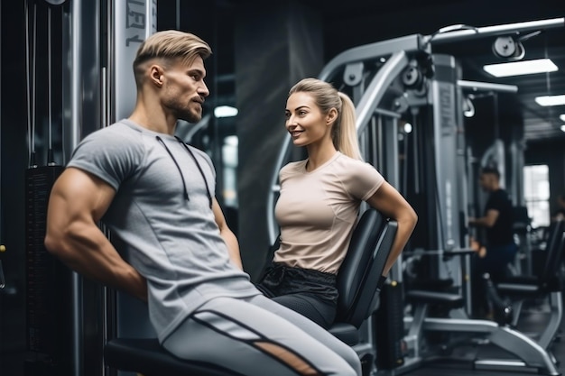 A man and a woman play sports in the gym with a personal trainer