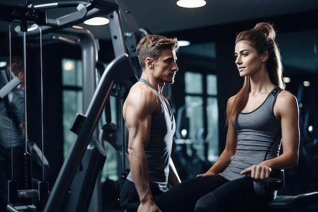 A man and a woman play sports in the gym with a personal trainer