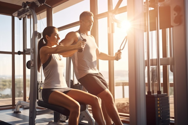 A man and a woman play sports in the gym with a personal trainer