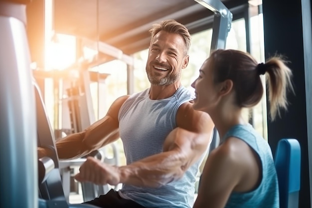 A man and a woman play sports in the gym with a personal trainer