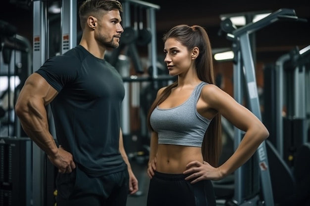 Foto un uomo e una donna fanno sport in palestra con un personal trainer